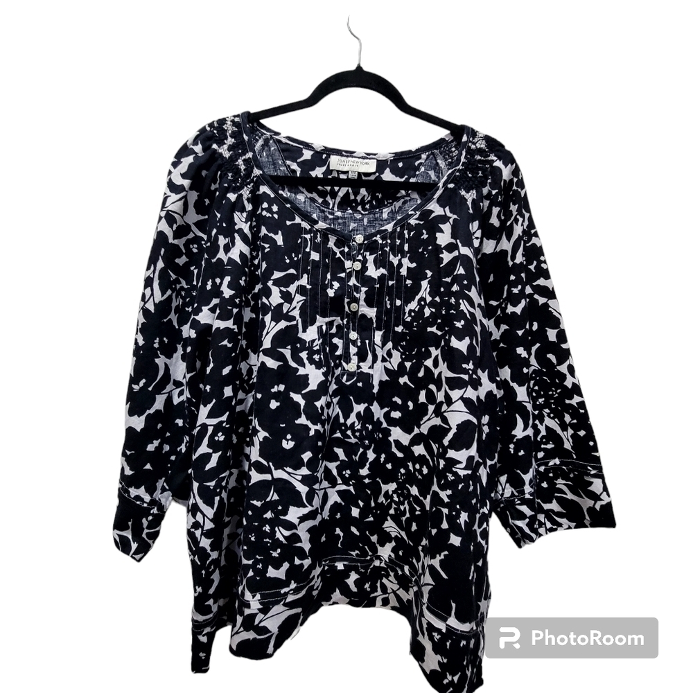 Jones New York 1X 100% Cotton Floral Button Down Blouse Boho